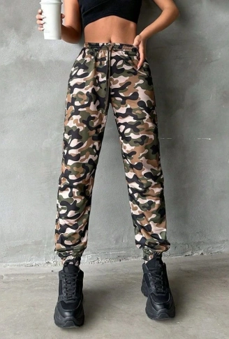Kadın Yüksek Bel Kamuflaj Baskılı Bileği Lastik Detay İki İplik Pantolon