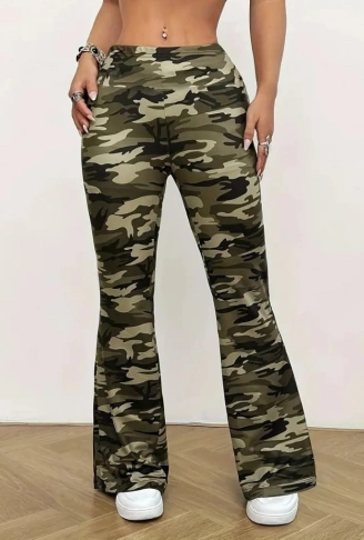 Kadın Yüksek Bel Kamuflaj Desenli Dalgıç Tayt