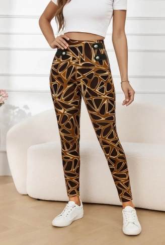 Kadın Yüksek Bel Kaz Ayağı Desenli Yan şerit Düğme Detaylı Dalgıç Pantolon