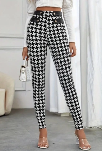 Kadın Yüksek Bel Kaz Ayağı Desenli Yan şerit Düğme Detaylı Dalgıç Pantolon