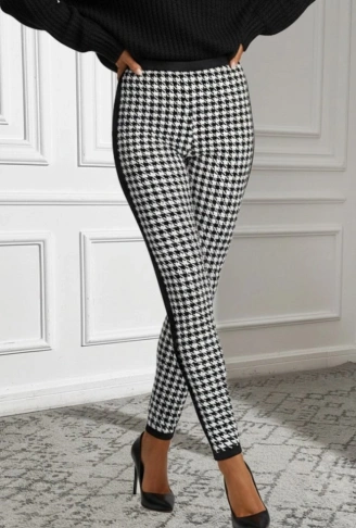 Kadın Yüksek Bel Kaz Ayağı Desenli Yanları şeritli Dalgıç Pantolon