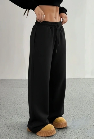 Kadın Yüksek Bel Lastikli Bağcıklı Geniş Kesim Dalgıç Pantolon