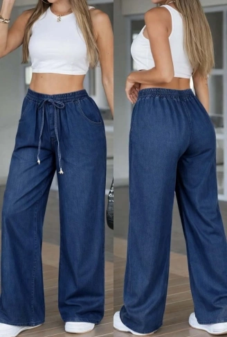 Kadın Yüksek Bel Lastikli Bağcıklı Kot Pantolon