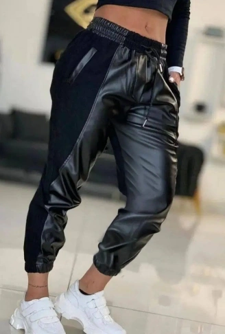 Kadın Yüksek Bel Lastikli Cepli Deri Detaylı Dalgıç Pantolon