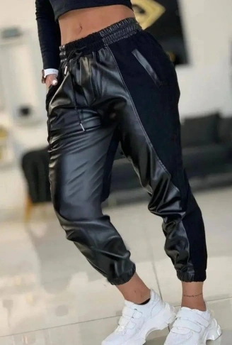 Kadın Yüksek Bel Lastikli Cepli Deri Detaylı Dalgıç Pantolon