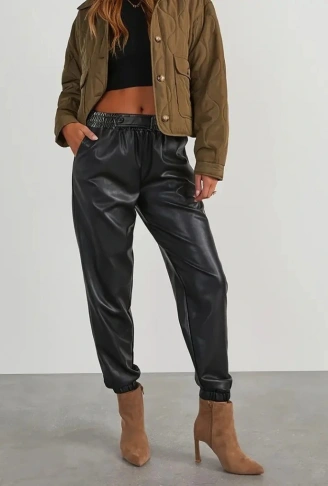 Kadın Yüksek Bel Lastikli önü Düğmeli Deri Pantolon