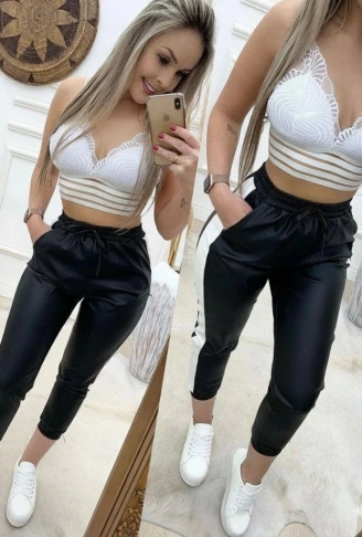 Kadın Yüksek Bel Lastikli Yan şerit Detaylı Deri Pantolon