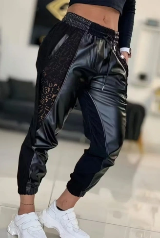 Kadın Yüksek Bel Lastikli Yanda Dantel Detaylı Bağcıklı Deri Pantolon