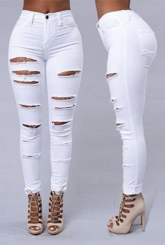 Kadın Yüksek Bel Lazer Yırtık Desenli Kot Pantolon