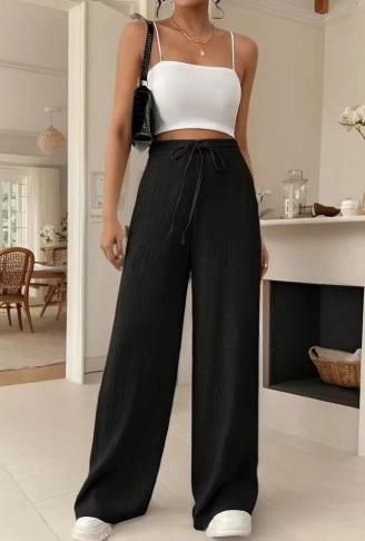 Kadın Yüksek Bel önden Bağlamalı Geniş Kesim Detaylı Uzun Pantolon