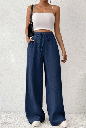 Kadın Yüksek Bel önden Bağlamalı Geniş Kesim Detaylı Uzun Pantolon