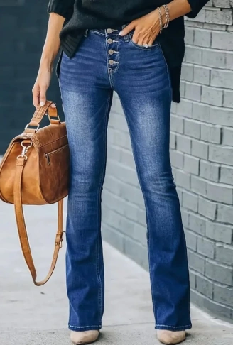 Kadın Yüksek Bel önden Düğmeli Cep Detay Ispanyol Paça Denim Pantolon