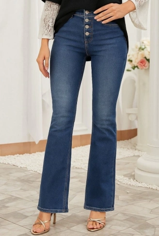 Kadın Yüksek Bel önden Düğmeli Cep Detay Ispanyol Paça Denim Pantolon