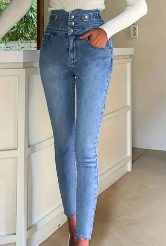 Kadın Yüksek Bel önden Düğmeli Cepli Dar Kesim Detaylı Kot Pantolon