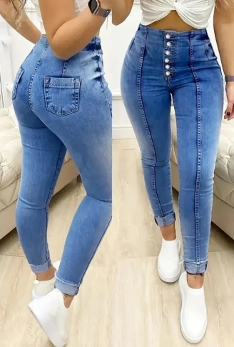 Kadın Yüksek Bel önden Düğmeli Jean Pantolon