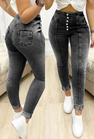 Kadın Yüksek Bel önden Düğmeli Jean Pantolon