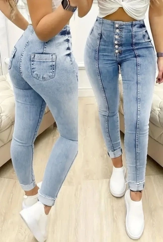 Kadın Yüksek Bel önden Düğmeli Jean Pantolon