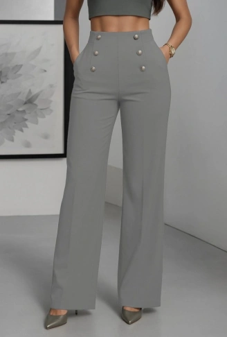 Kadın Yüksek Bel önden Düğmeli Uzun Paçaya Doğru Geniş Ithal Krep Pantolon