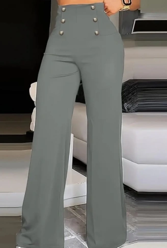 Kadın Yüksek Bel önden Düğmeli Uzun Paçaya Doğru Geniş Ithal Krep Pantolon