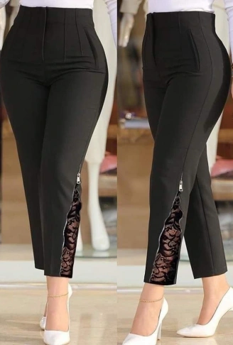 Kadın Yüksek Bel önden Nervürlü Ve Fermuarlı Yandan Dantelli Ithal Krep Pantolon