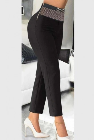 Kadın Yüksek Bel önden Taşlı Ve Tokalı Ithal Krep Pantolon