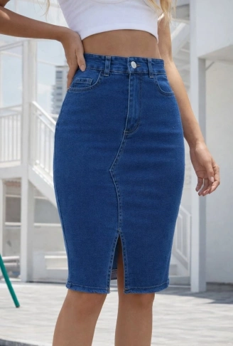 Kadın Yüksek Bel önden Yırtmaçlı Kısa Kot Etek