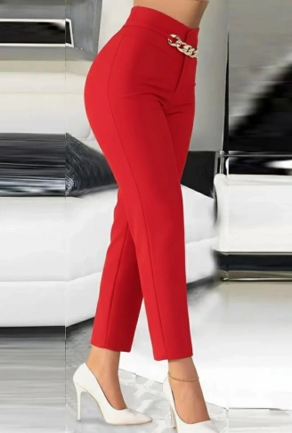 Kadın Yüksek Bel önden Zincir Detaylı Ithal Krep Pantolon