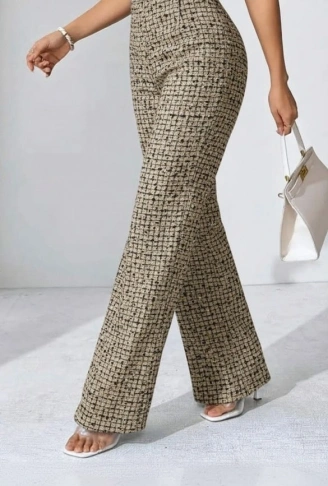 Kadın Yüksek Bel Paçaya Doğru Geniş Dokuma Pantolon