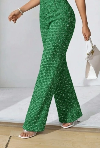 Kadın Yüksek Bel Paçaya Doğru Geniş Dokuma Pantolon