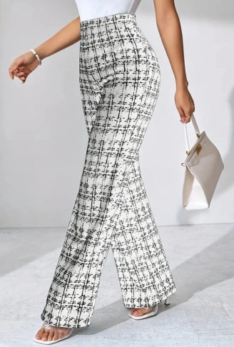 Kadın Yüksek Bel Paçaya Doğru Geniş Dokuma Pantolon