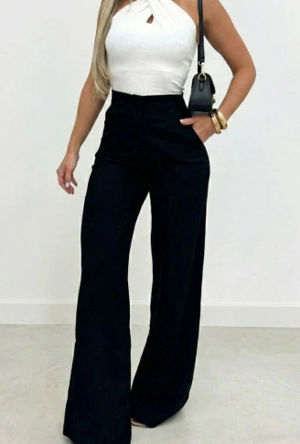 Kadın Yüksek Bel Paçaya Doğru Genişleyen Ithal Krep Pantolon