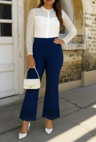 Kadın Yüksek Bel Paçaya Doğru Genişleyen Lazer çiçek Kesim Detaylı Ithal Krep Pantolon