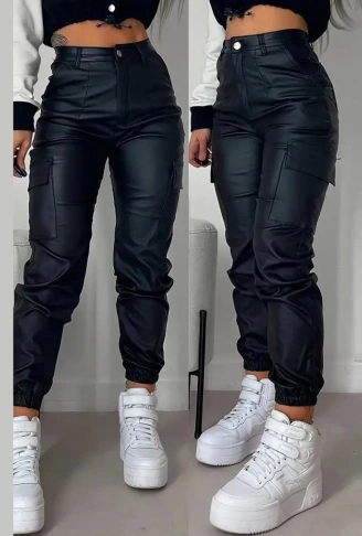 Kadın Yüksek Bel Yan Kargo Cep Detaylı Deri Pantolon