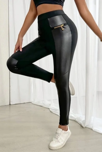 Kadın Yüksek Bel Yan şerit Deri Detay Fermuarlı Dalgıç Tayt