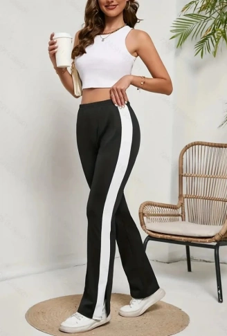 Kadın Yüksek Bel Yan şerit Detaylı Yırtmaçlı Viskon Iki Iplik Pantolon