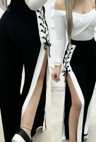 Kadın Yüksek Bel Yandan çapraz Bağcıklı Yırtmaçlı Viskon Iki Iplik Pantolon