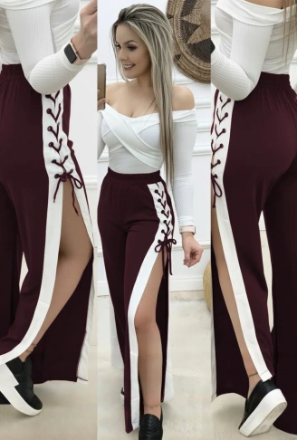 Kadın Yüksek Bel Yandan çapraz Bağcıklı Yırtmaçlı Viskon Iki Iplik Pantolon