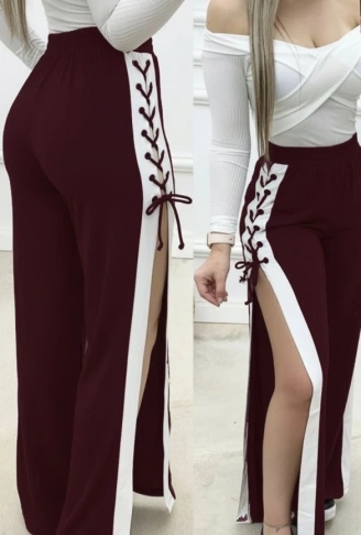 Kadın Yüksek Bel Yandan çapraz Bağcıklı Yırtmaçlı Viskon Iki Iplik Pantolon