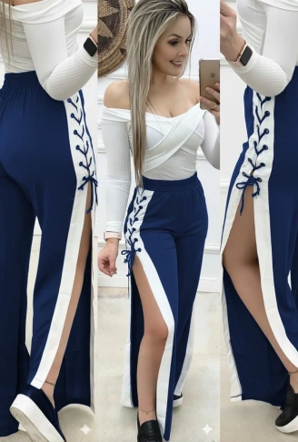 Kadın Yüksek Bel Yandan çapraz Bağcıklı Yırtmaçlı Viskon Iki Iplik Pantolon