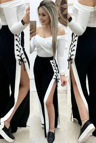 Kadın Yüksek Bel Yandan çapraz Bağcıklı Yırtmaçlı Viskon Iki Iplik Pantolon