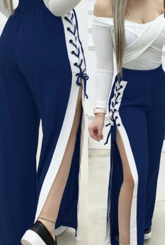 Kadın Yüksek Bel Yandan çapraz Bağcıklı Yırtmaçlı Viskon Iki Iplik Pantolon