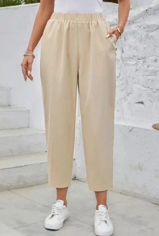 Kadın Yüksek Bel Yandan Cepli Düğme Detaylı Geniş Kesim Ithal Krep Pantolon