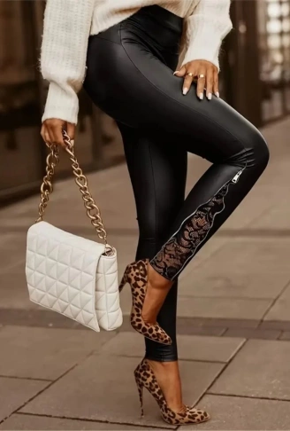 Kadın Yüksek Bel Yandan Yırtmaçlı Dantel Detaylı Deri Tayt