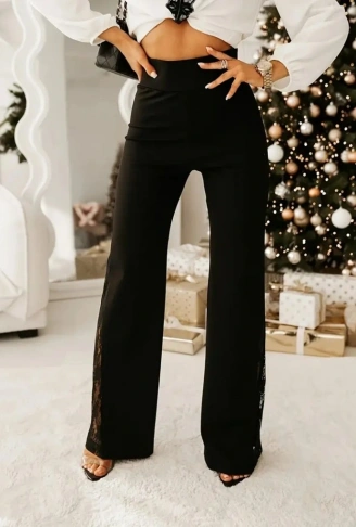 Kadın Yüksek Bel Yanlardan Dantelli Paçaya Doğru Geniş Kesim Detaylı Ithal Krep Pantolon