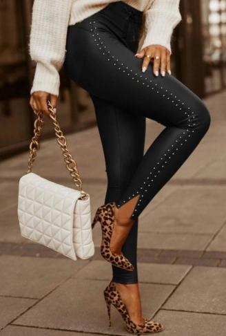 Kadın Yüksek Bel Yanlardan Incili Yırtmaçlı Uzun Deri Tayt