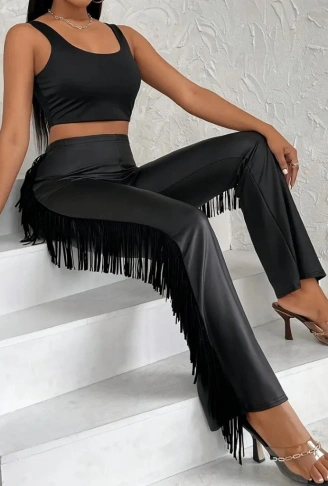 Kadın Yüksek Bel Yanlardan Püsküllü Deri Pantolon