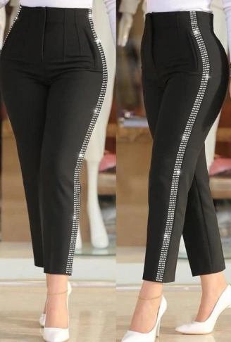 Kadın Yüksek Bel Yanlardan Taş Detaylı Ithal Krep Pantolon