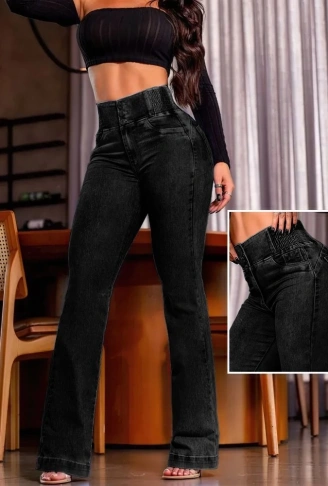 Kadın Yüksek Bel Yanları Lastik önü Düğmeli Kot Pantolon