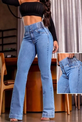 Kadın Yüksek Bel Yanları Lastik önü Düğmeli Kot Pantolon