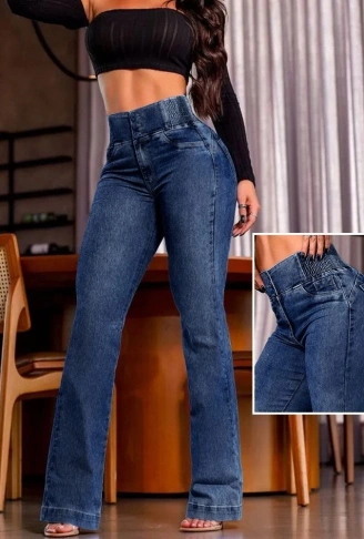 Kadın Yüksek Bel Yanları Lastik önü Düğmeli Kot Pantolon